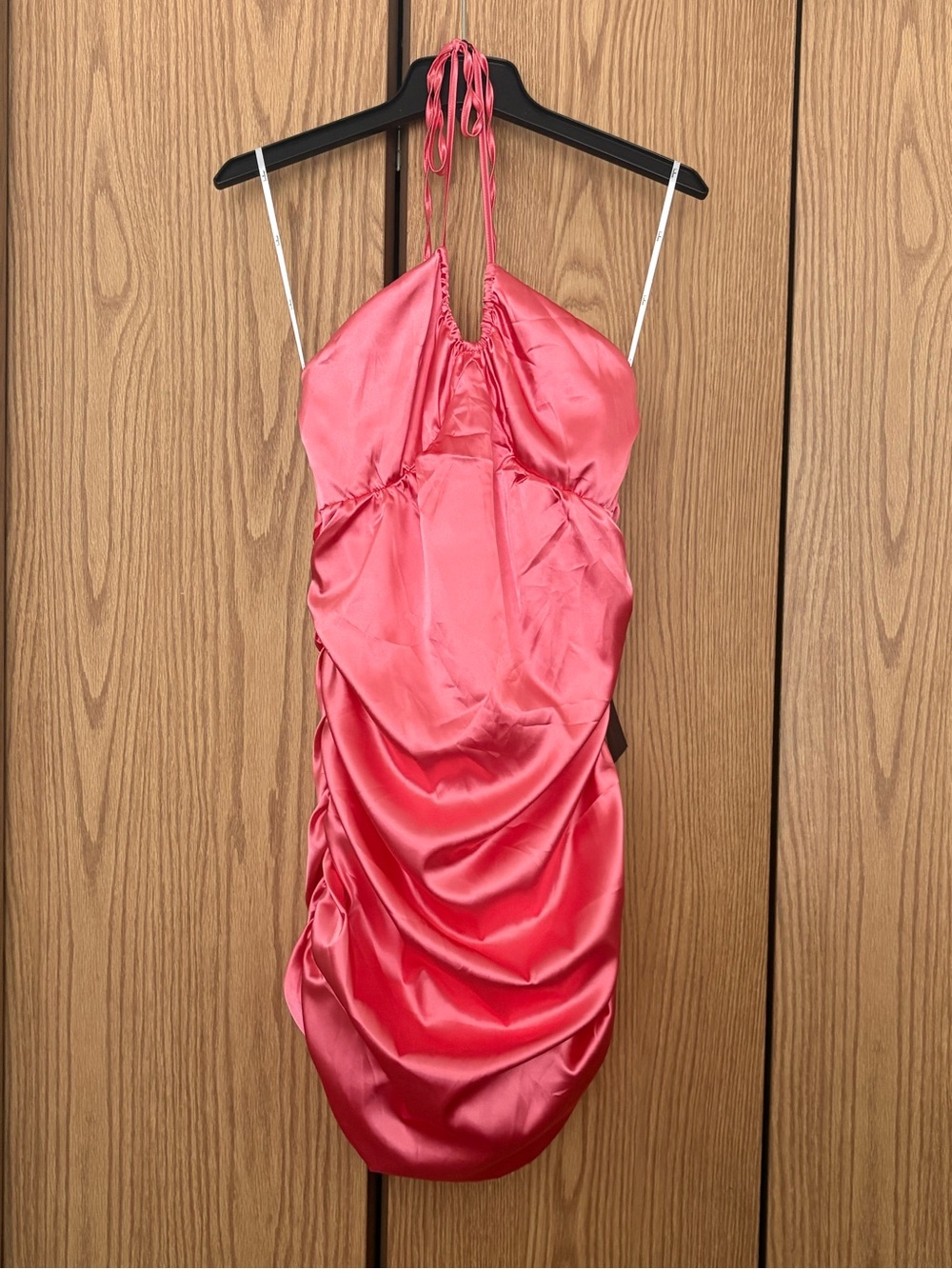 NWT Lulus Satin Halter Ruched Mini Dress in Coral Pink